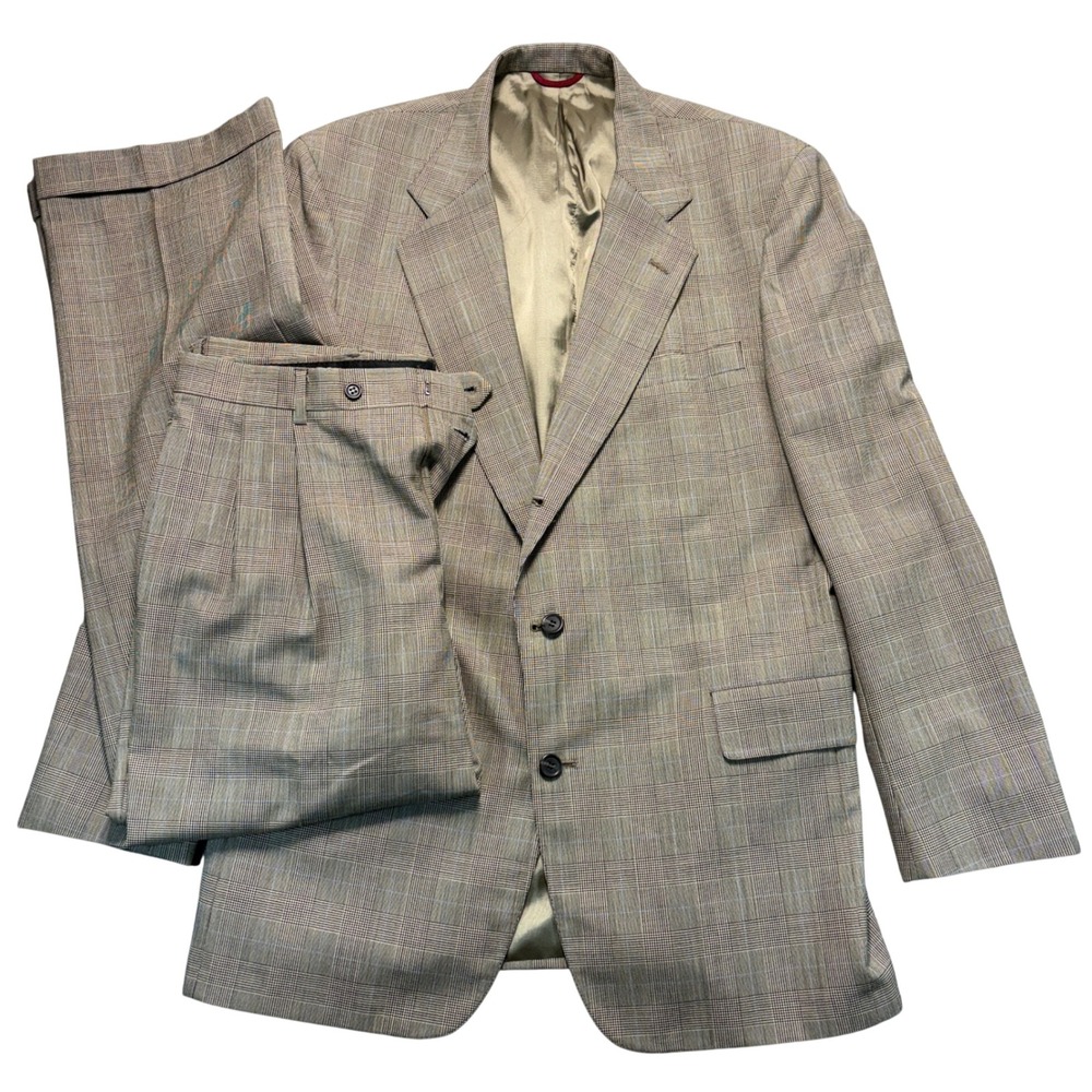 Jos A Bank Mens Brown Glen Plaid 2 Piece Suit Pleated Cuffed Trousers 45L Blazer